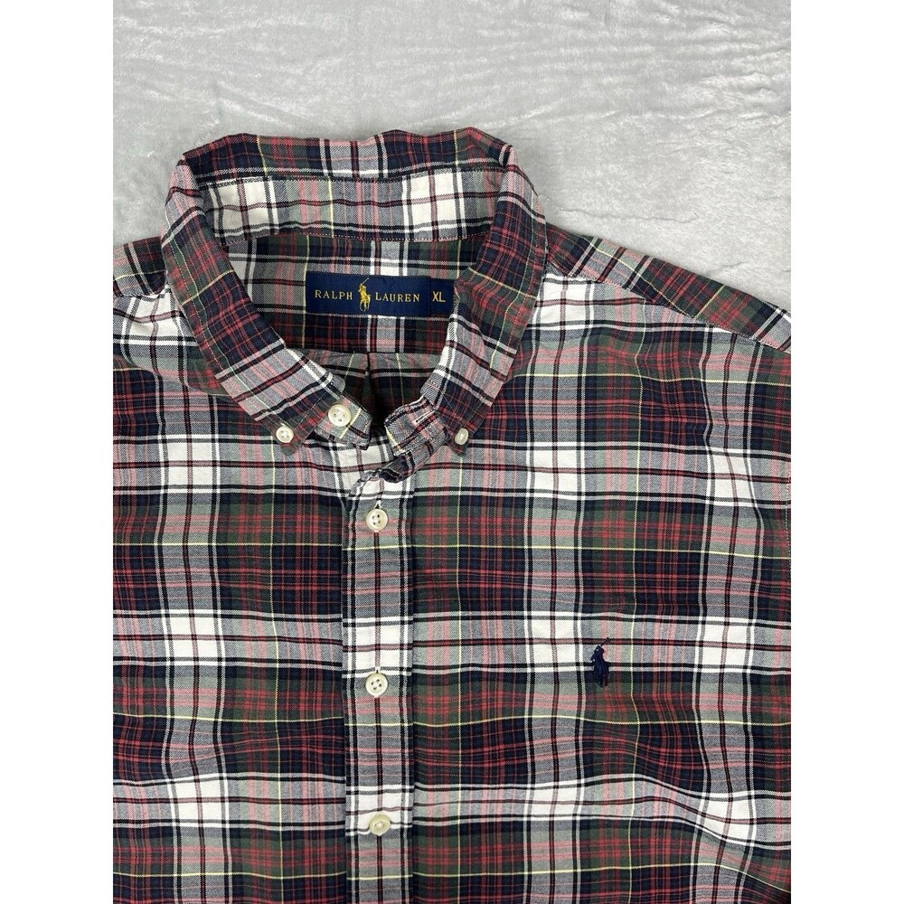Polo Ralph Lauren Oxford Button Down Shirt Men's XL Red Navy Tartan Plaid Cotton